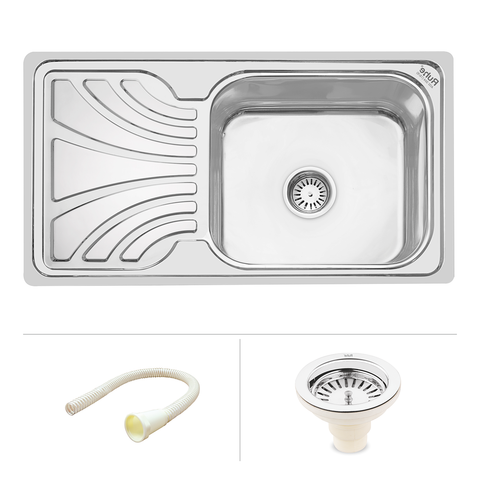 Trueliving Luxury Silver_Oval Single Bowl (42 x 20 x 9 inches) 304-Grade Stainless Steel Kitchen Sink with Drainboard