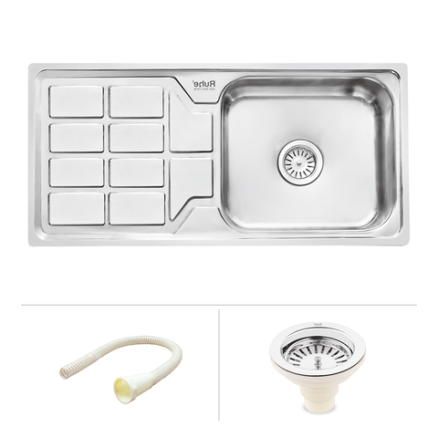 Trueliving Facy Silver_Oval Single Bowl (45 x 20 x 9 inches) 304-Grade Stainless Steel Kitchen Sink with Drainboard