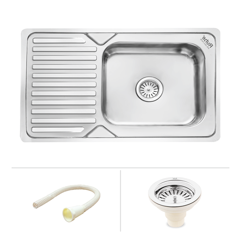 Trueliving Modern Silver_Oval Single Bowl (37 x 18 x 8 inches) 304-Grade Stainless Steel Kitchen Sink with Drainboard