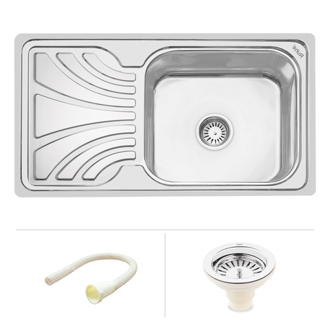 Trueliving Luxury Silver_Oval Single Bowl (45 x 20 x 9 inches) Premium Stainless Steel Kitchen Sink with Drainboard