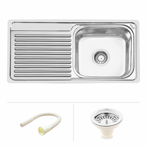 Trueliving Facy Silver_Oval Single Bowl (42 x 20 x 9 inches) Premium Stainless Steel Kitchen Sink with Drainboard