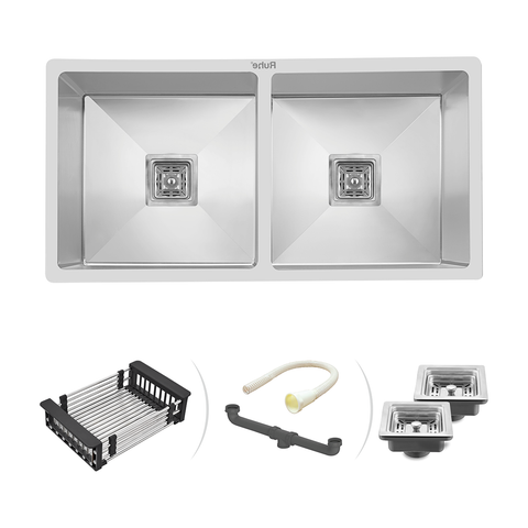Trueliving Modern Silver_Handmade Double Bowl 304-Grade Kitchen Sink (37 x 18 x 10 Inches) with Tap Hole