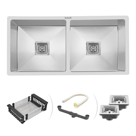 Trueliving Facy Silver_Handmade Double Bowl 304-Grade Kitchen Sink (45 x 20 x 10 Inches)