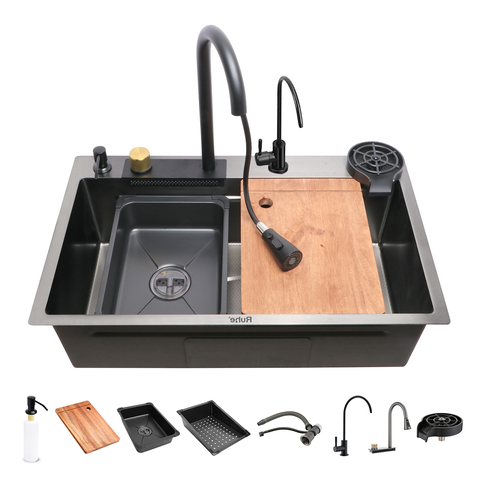 Trueliving Facy Silver_Handmade Premium Nano Kitchen Sink with Integrated Waterfall, Pull-Out & RO Faucet (30 x 18 x 9 Inches)