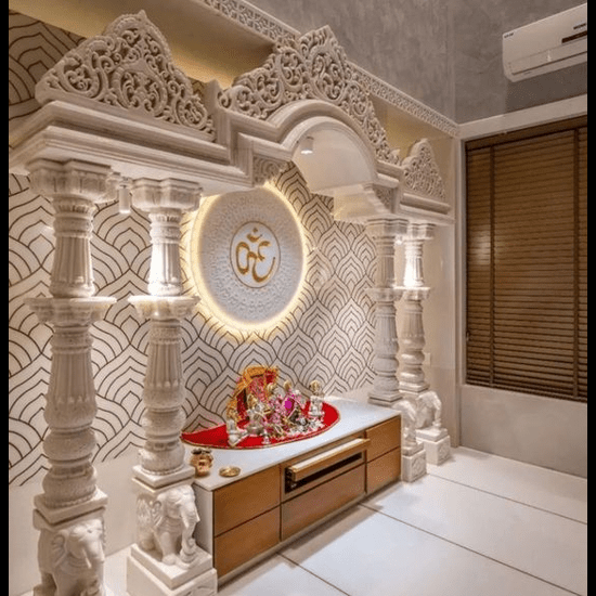 Trueliving Mandir | Marble Designer Temple 1.6 for Home & Offices |Solid Surface - Size - H: 48" x W: 44"— D: 21.5"