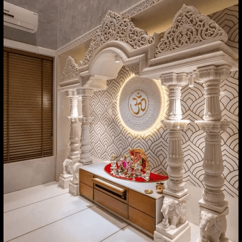 Trueliving Mandir | Marble Designer Temple 1.6 for Home & Offices |Solid Surface - Size - H: 48" x W: 44"— D: 21.5"