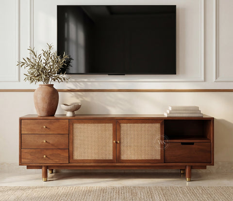 Eka Premium Mango Wood TV Unit with Natural Cane Detailing - Bohemian Contemporary Design (Teak Finish)