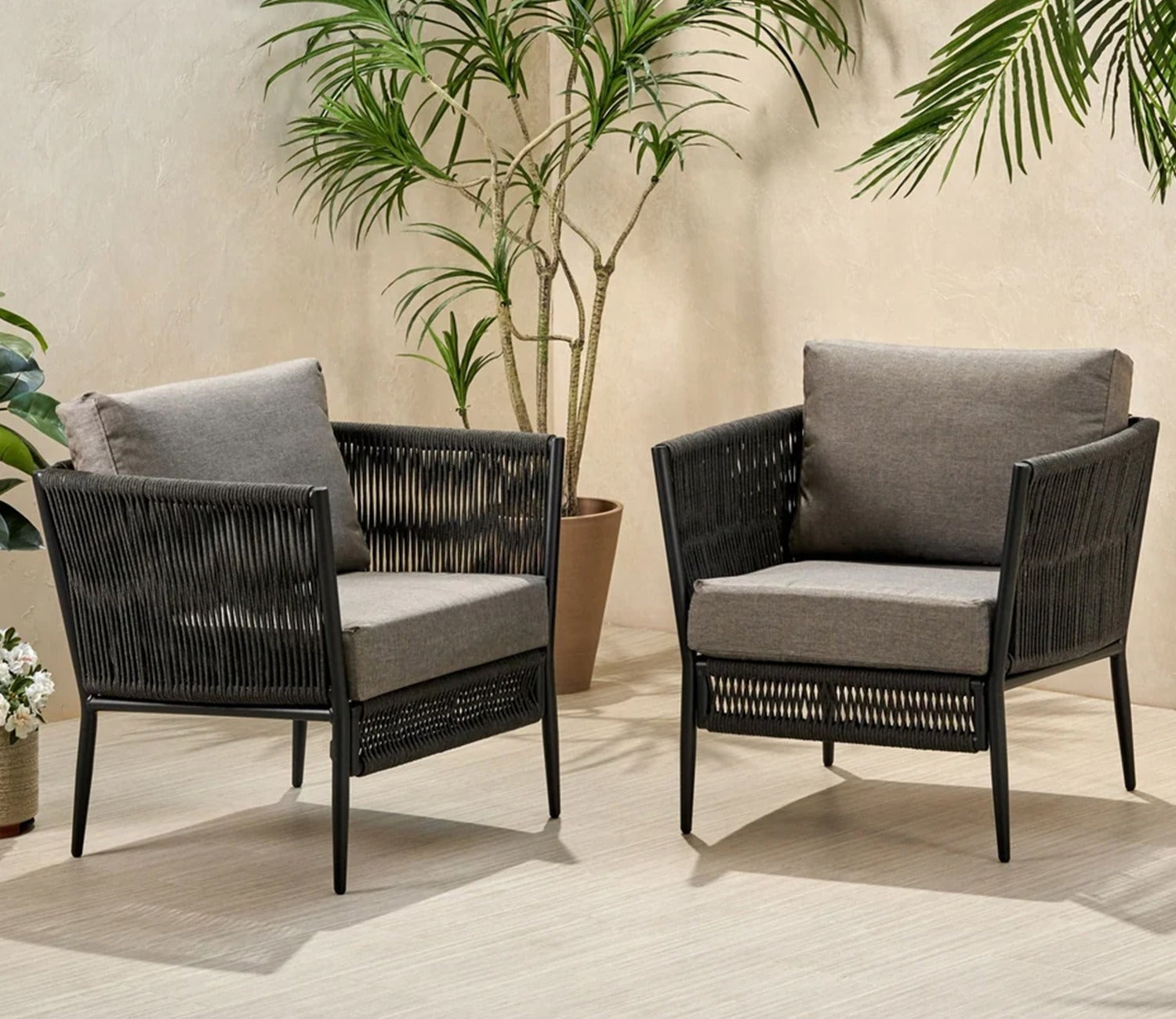 Black Rope 2 Seater Chair Set With Grey Cushions