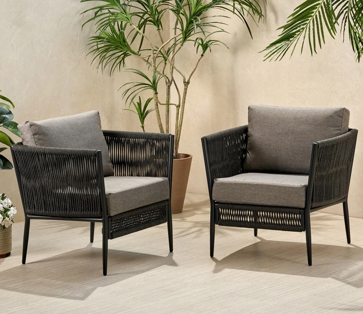 Black Rope 2 Seater Chair Set With Grey Cushions