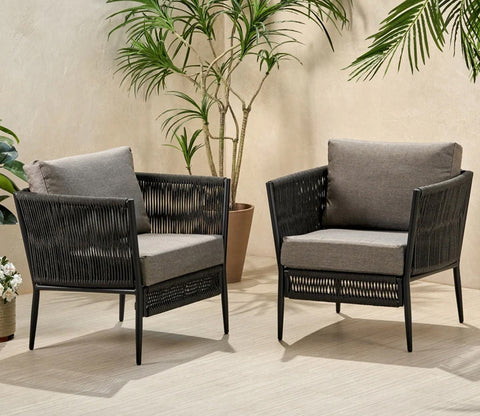 Black Rope 2 Seater Chair Set With Grey Cushions