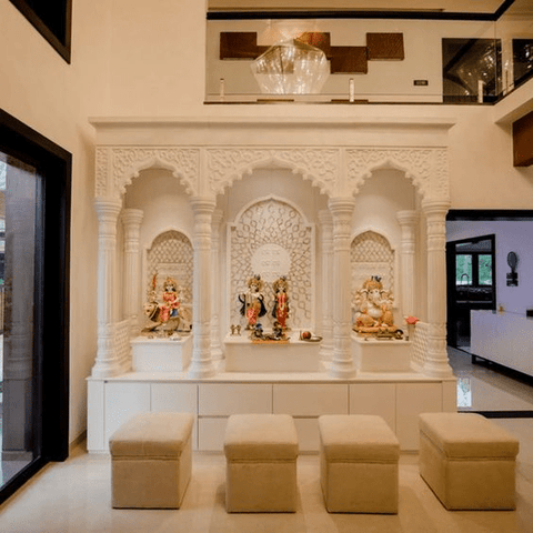 Trueliving Mandir | Designer White Marble Temple for Home & Offices |Solid Surface - Size - H: 48" x W: 44"— D: 21.5"