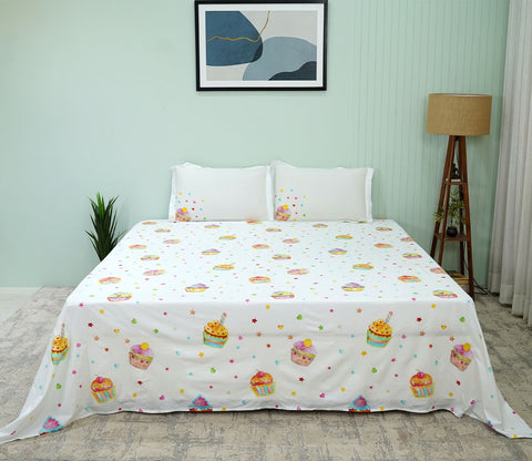 Cupcakes Flat Cotton Kids Bed Sheet King Size with 2 Pillow Covers