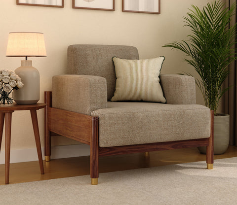 Kairav Modern 3+1+1 Wooden Sofa Set with Premium Upholstery (Pebble Beige)