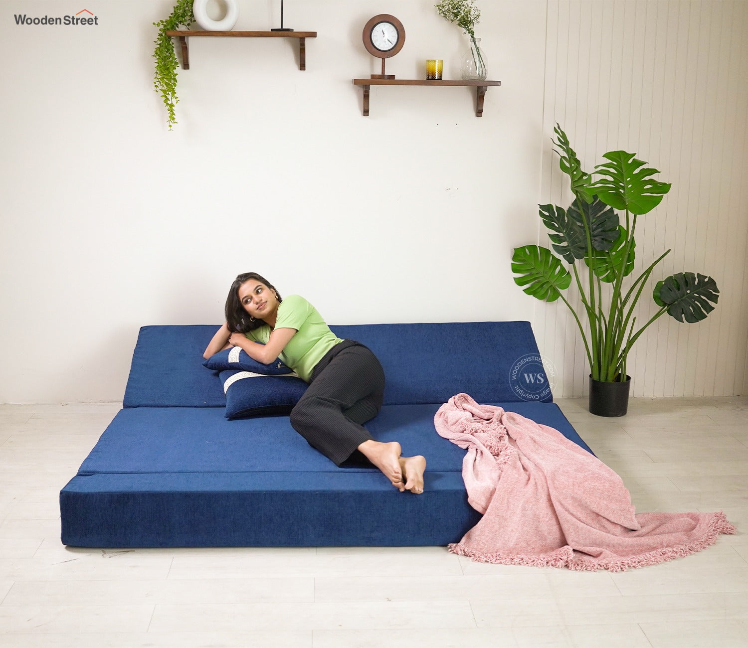 Voltz Fabric Sofa Cum Bed (72 x 72 Inch, Azure Blue)