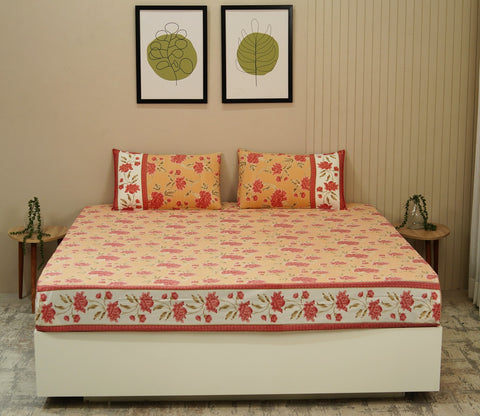 120 TC Imperial Blossoms Cotton Bedsheet King Size With 2 Pillow Cover (Peach)