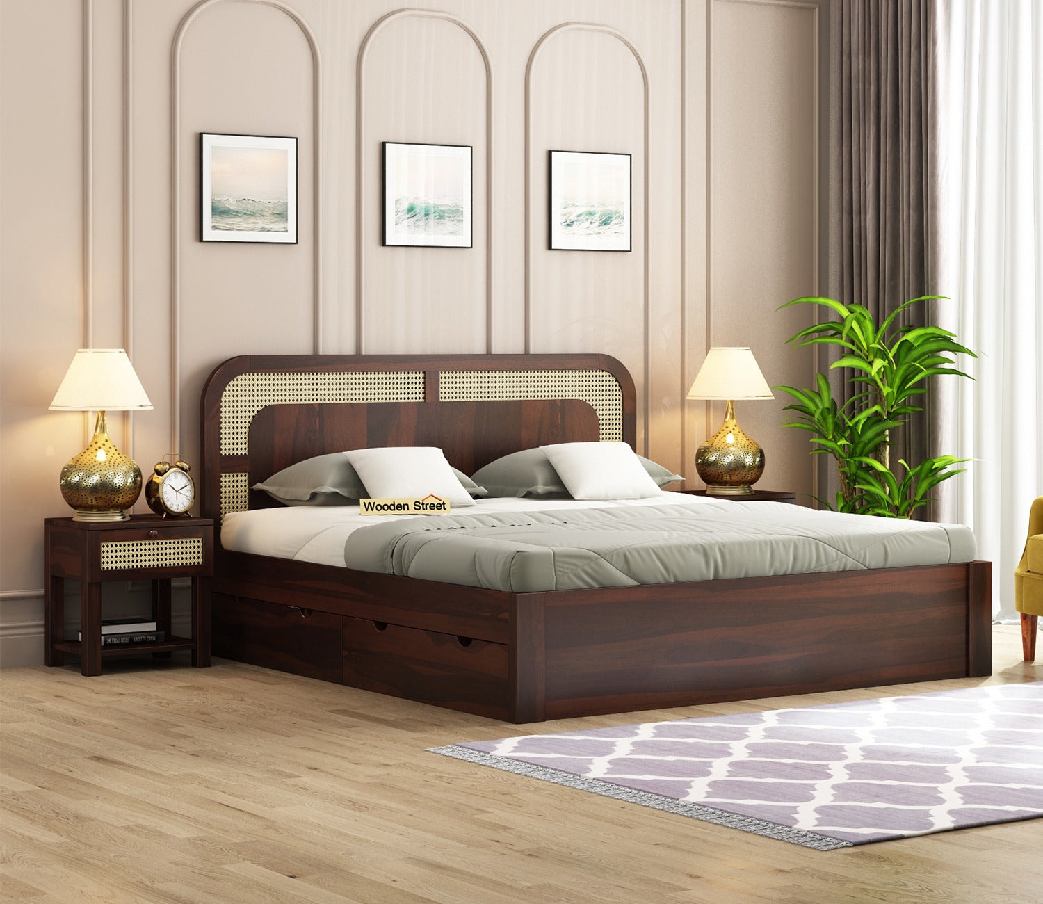 Emalyn Bed With Storage (Queen Size, Walnut Finish)