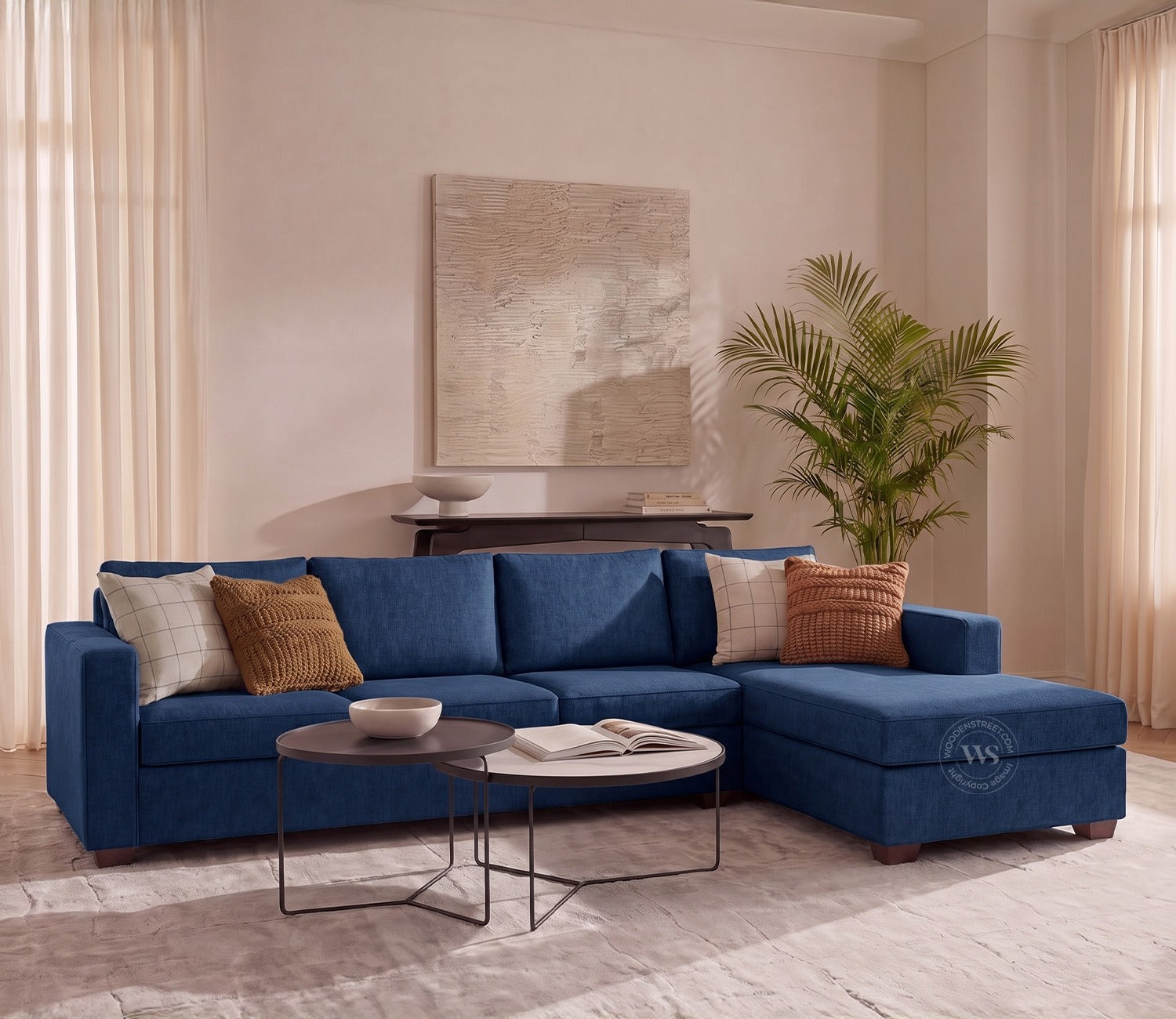Albus L-Shape 5 Seater Right Aligned Sofa (Cotton, Iris blue)