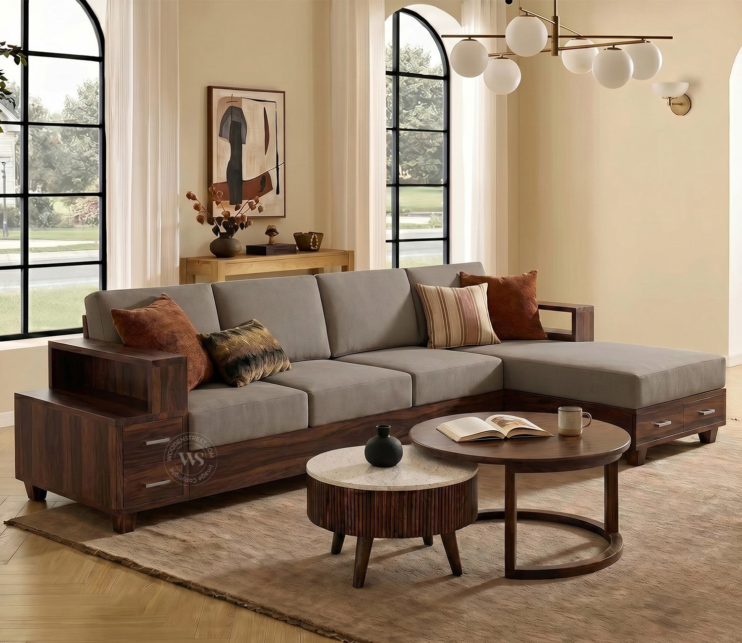 Solace L-Shape Right Aligned 4 Seater Sheesham Wood Sofa (Walnut Finish, Warm Grey)