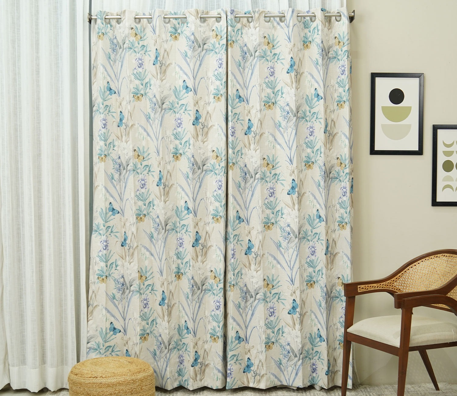 Butterfly 1 Piece Light-Filtering Curtain (Blue, 7 Feet)