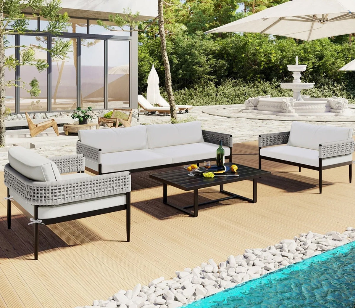 Grey Rope 4 Seater Sofa Set With Table And Cream Color Cushions