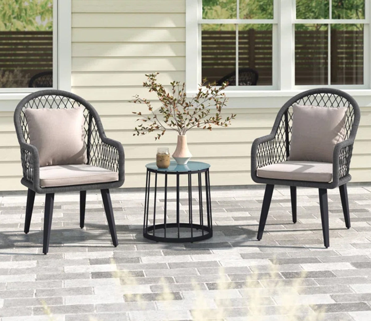 Grey Rope 2 Seater Chair With Table And Cream Cushions Balcony Set