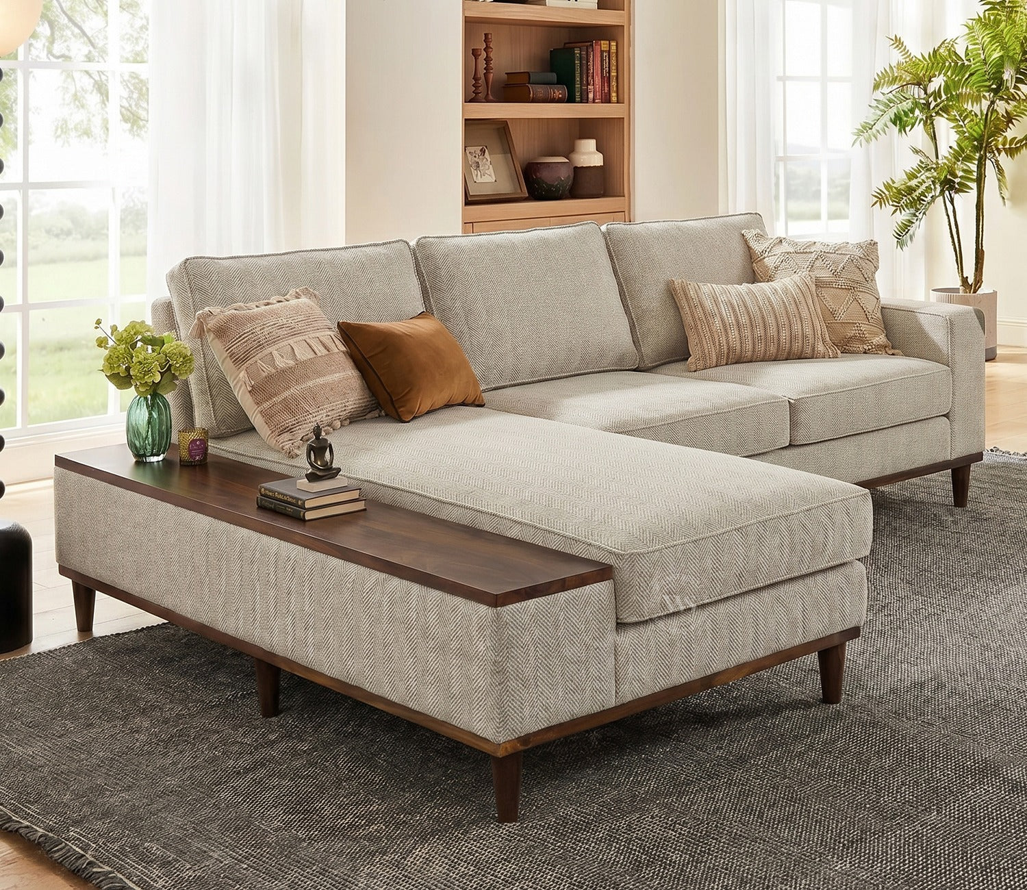 Ashion Premium Left Aligned L Shape Sofa with Built-in Side Wooden Deck (Cottage Ivory)