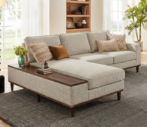 Ashion Premium Left Aligned L Shape Sofa with Built-in Side Wooden Deck (Cottage Ivory)
