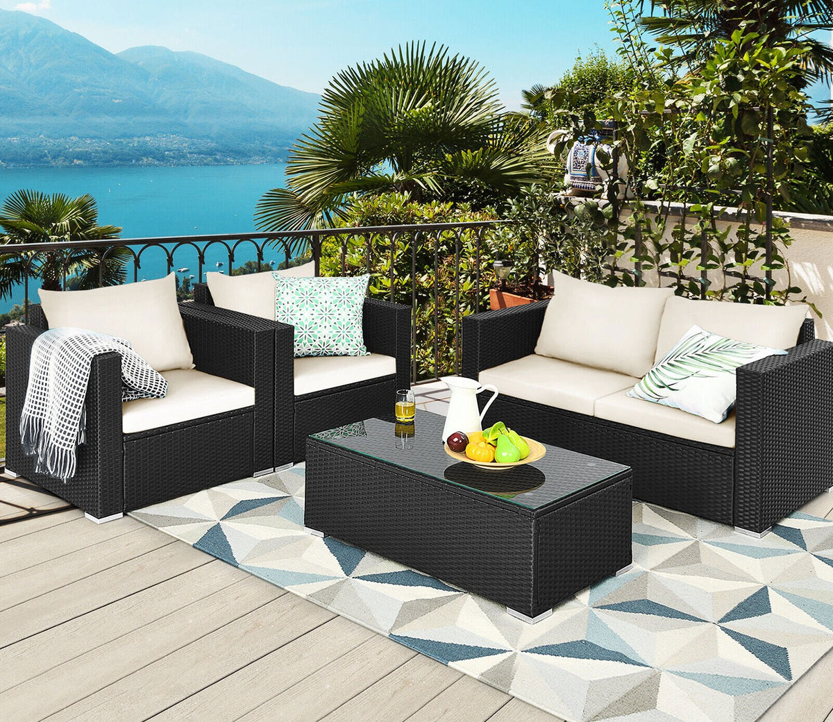 Black Rattan And Wicker 4 Seater Outdoor Furniture Set With Table And Cream Cushions
