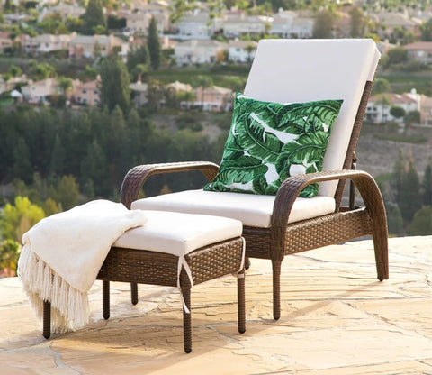 Dark Brown Adjustable Outdoor Patio Lounger With White Cushions And Table