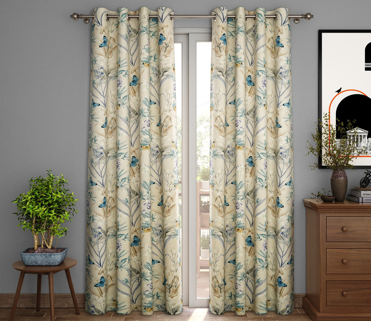 Butterfly 1 Piece Light-Filtering Curtain (Blue, 7 Feet)