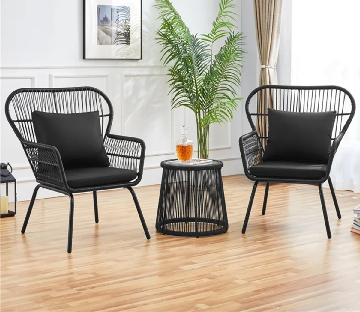 Black Rope 2 Seater Chair With Table And Black Cushions Patio Set