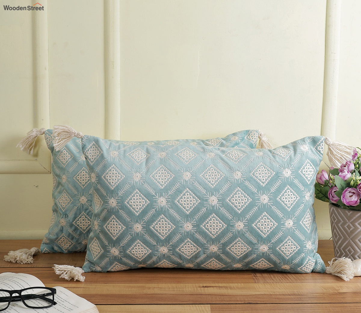 Super Soft Ethnic Design Set of 2 Embroidered Cushion Cover (Light Blue, 20 x 12 inches)