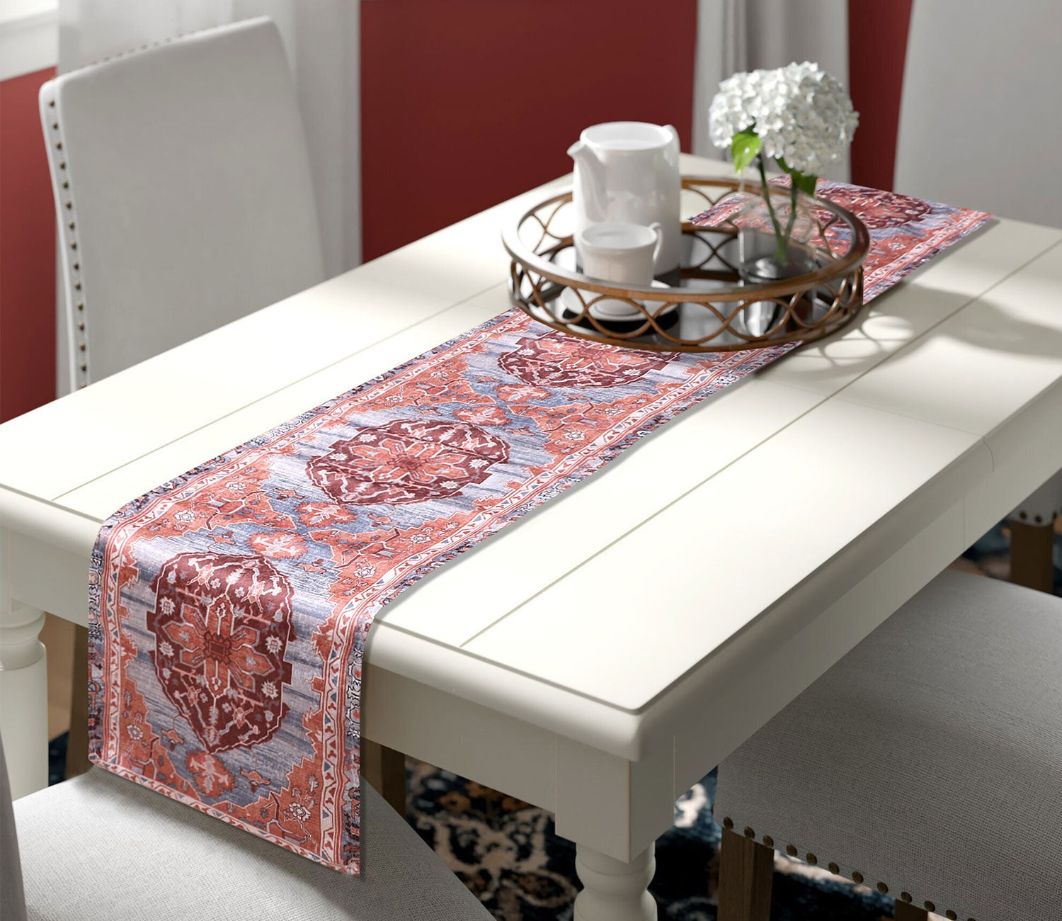 Grey and Orange Velvet Printed Table Runner (72 x 14 inches)