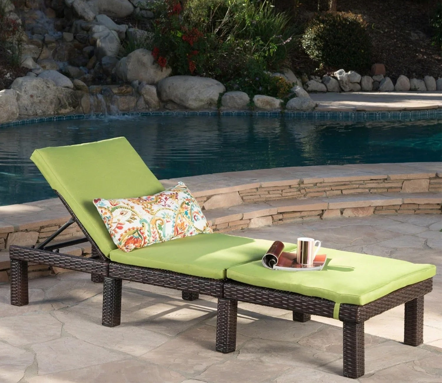 Dark Brown Adjustable Outdoor Patio Lounger With Green Cushions