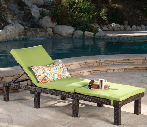 Dark Brown Adjustable Outdoor Patio Lounger With Green Cushions