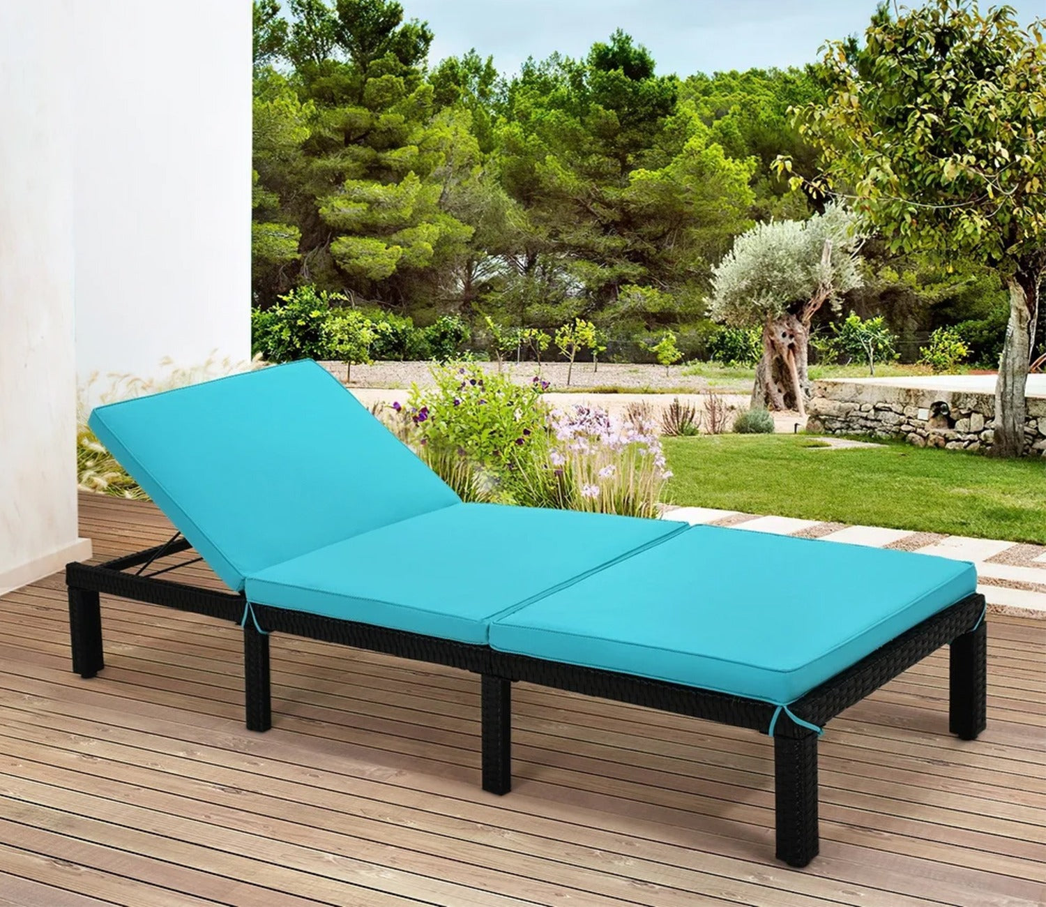 Dark Brown Adjustable Outdoor Patio Lounger With Sky Blue Cushions
