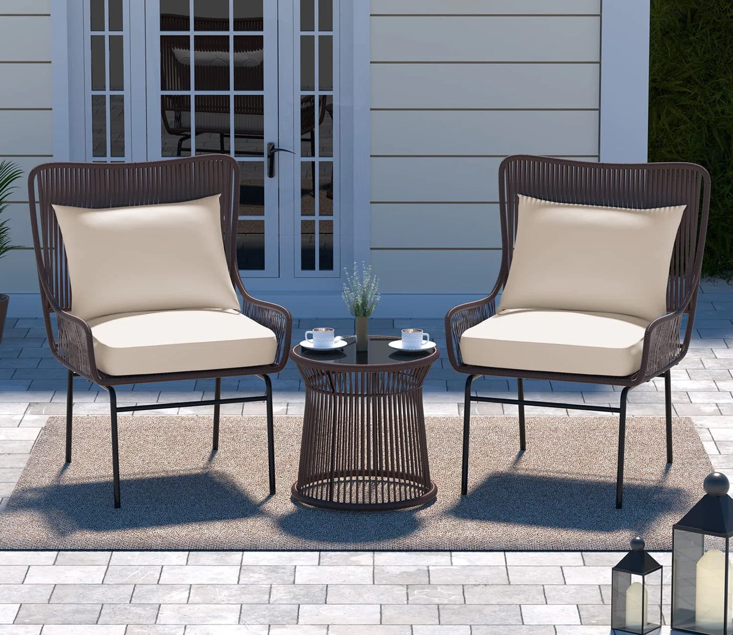 Dark Brown Rattan 2 Seater Chair With Table And Cream Cushions Balcony Set