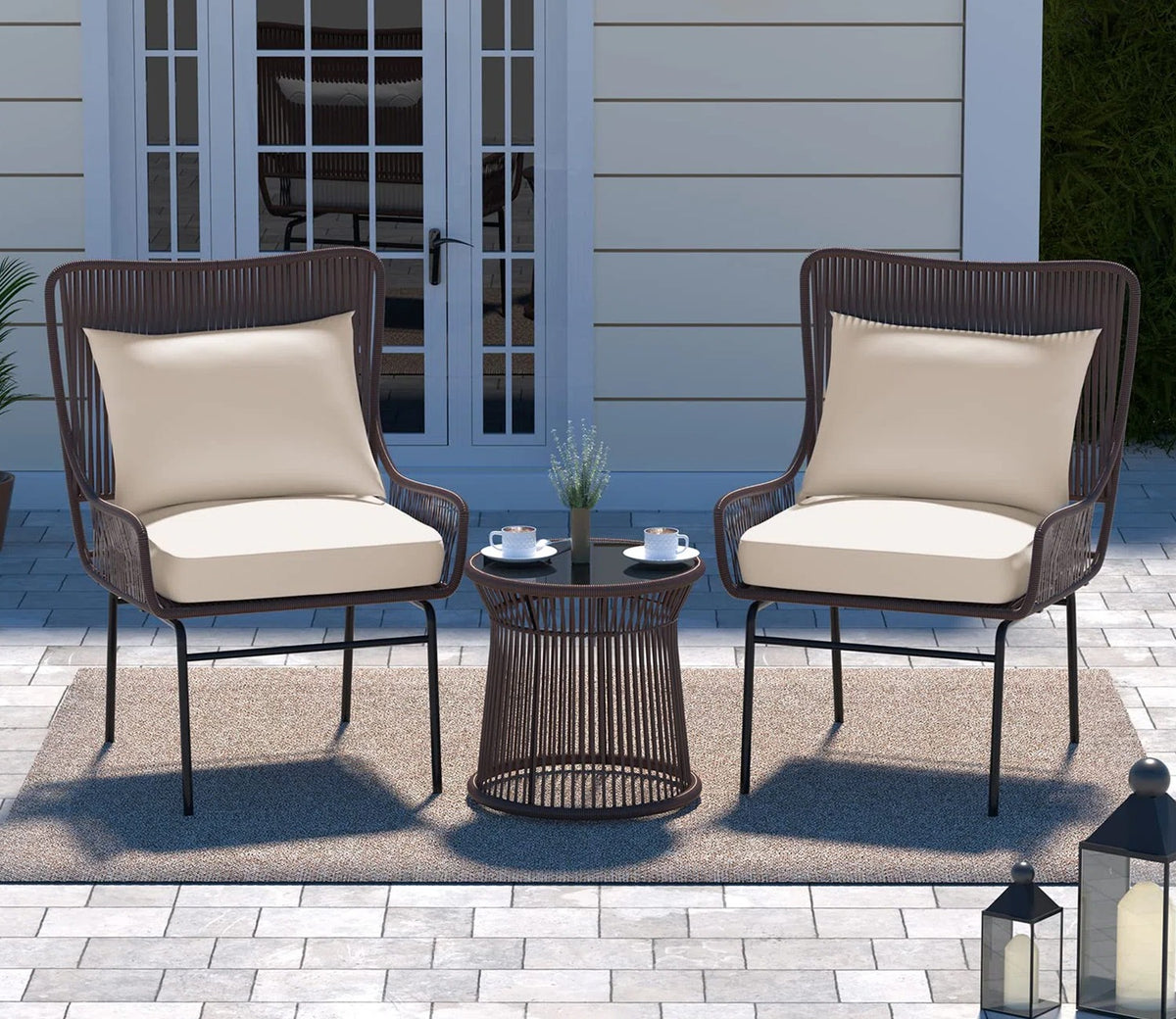 Dark Brown Rattan 2 Seater Chair With Table And Cream Cushions Balcony Set