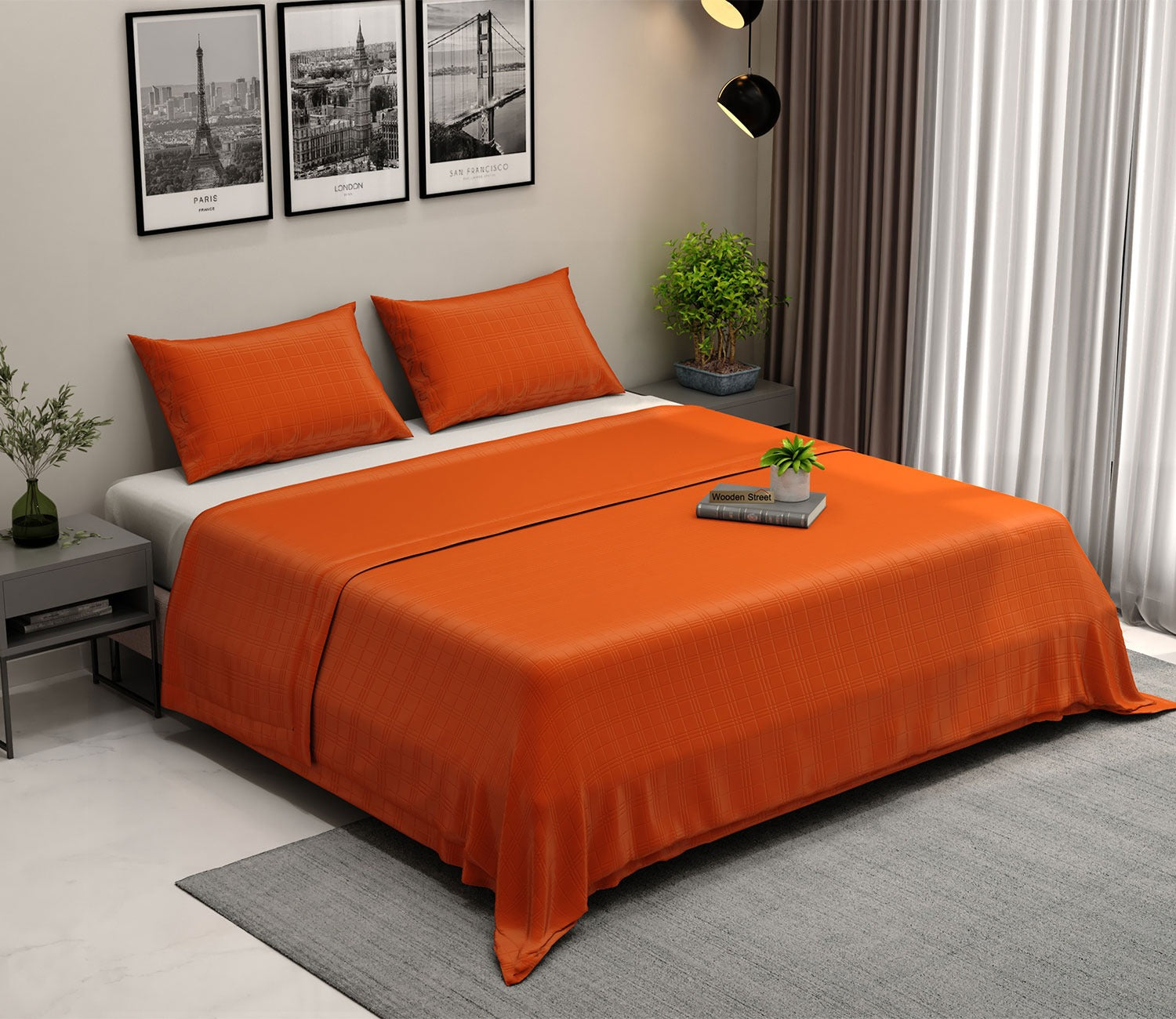 Vegan Dobby Organic Bamboo King Size Bed Sheet with 2 Pillowcases (Orange)