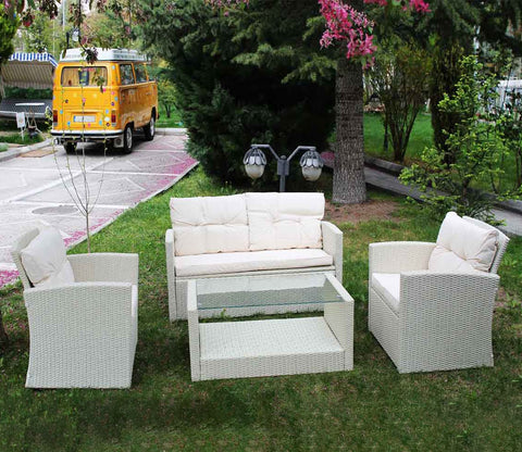 White Rattan And Wicker 4 Seater Patio Set With Cream Cushions