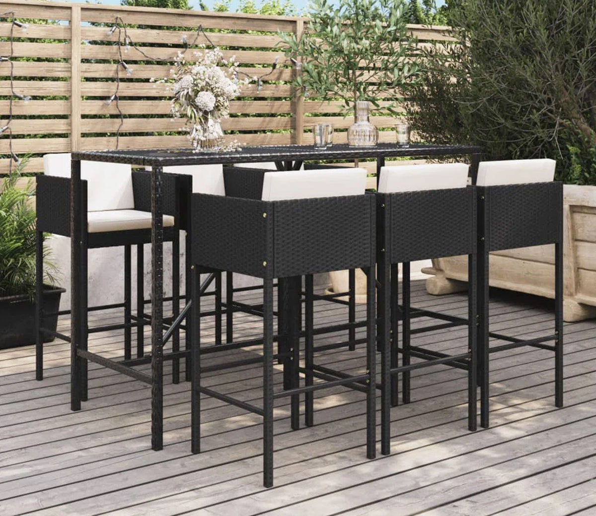 Black Rattan And Wicker 6 Seater Outdoor Bar Set With Off White Cushions