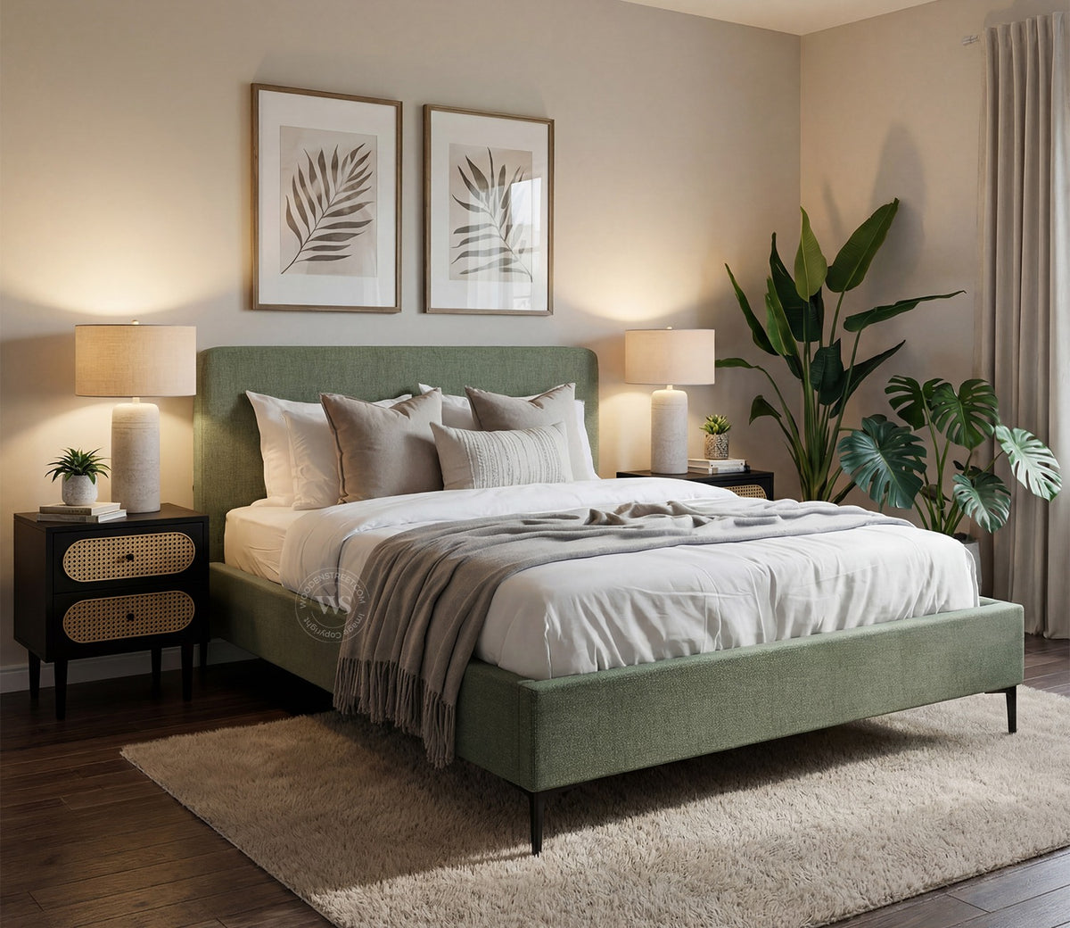 Andreas Premium Fabric Bed with Curved Headboard & Without Storage (Queen Size, Sage Green)