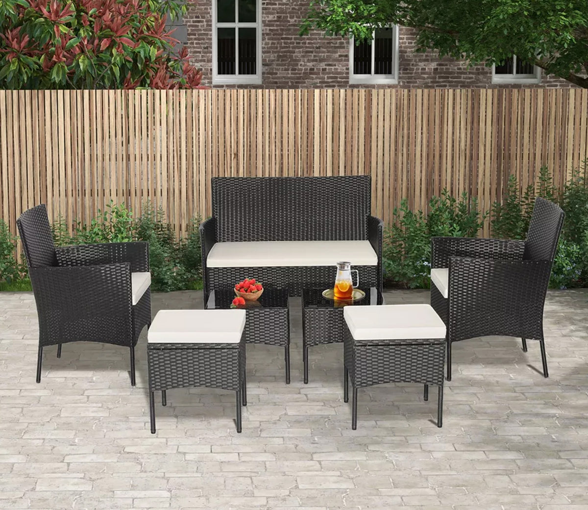 Black Rattan And Wicker 6 Seater Patio Set With Table And off White Cushions