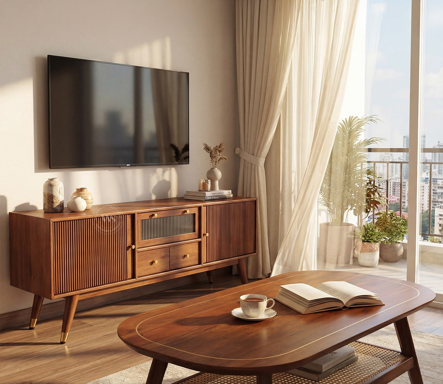 Hamona Premium Mango Wood TV Unit with Drawers And Cabinets (Teak Finish)