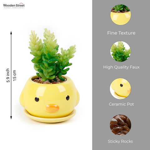 Whimsy Ceramic Enamel Pot With Artificial Flowers (Yellow)