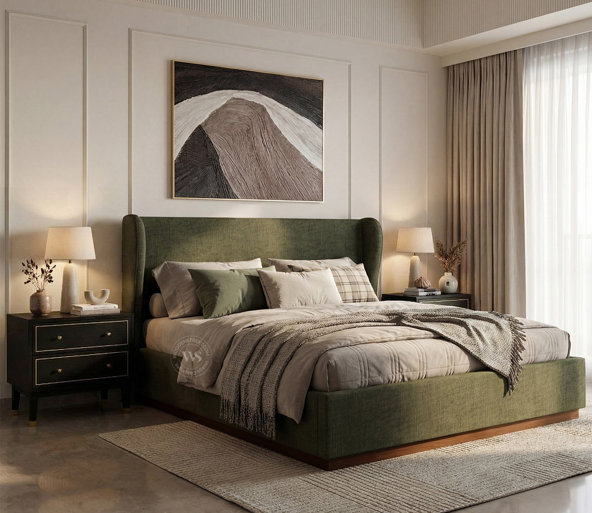 Adhiraj Luxurious Fabric Hydraulic Storage Bed with Plush Wingback Headboard (Queen Size, Sage Green)