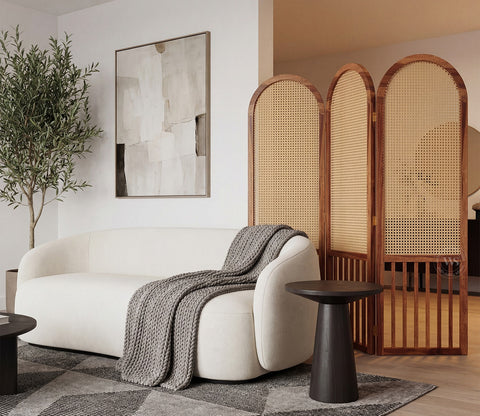 Aavriti Arched Sheesham Wood Room Divider with Natural Cane Weave - Foldable 3 Panel Screen
