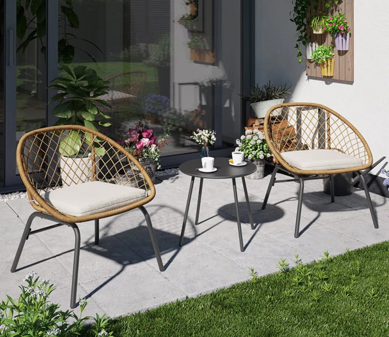 Beige Rope  2 Seater Chair With Table And Off White Cushions Balcony Set