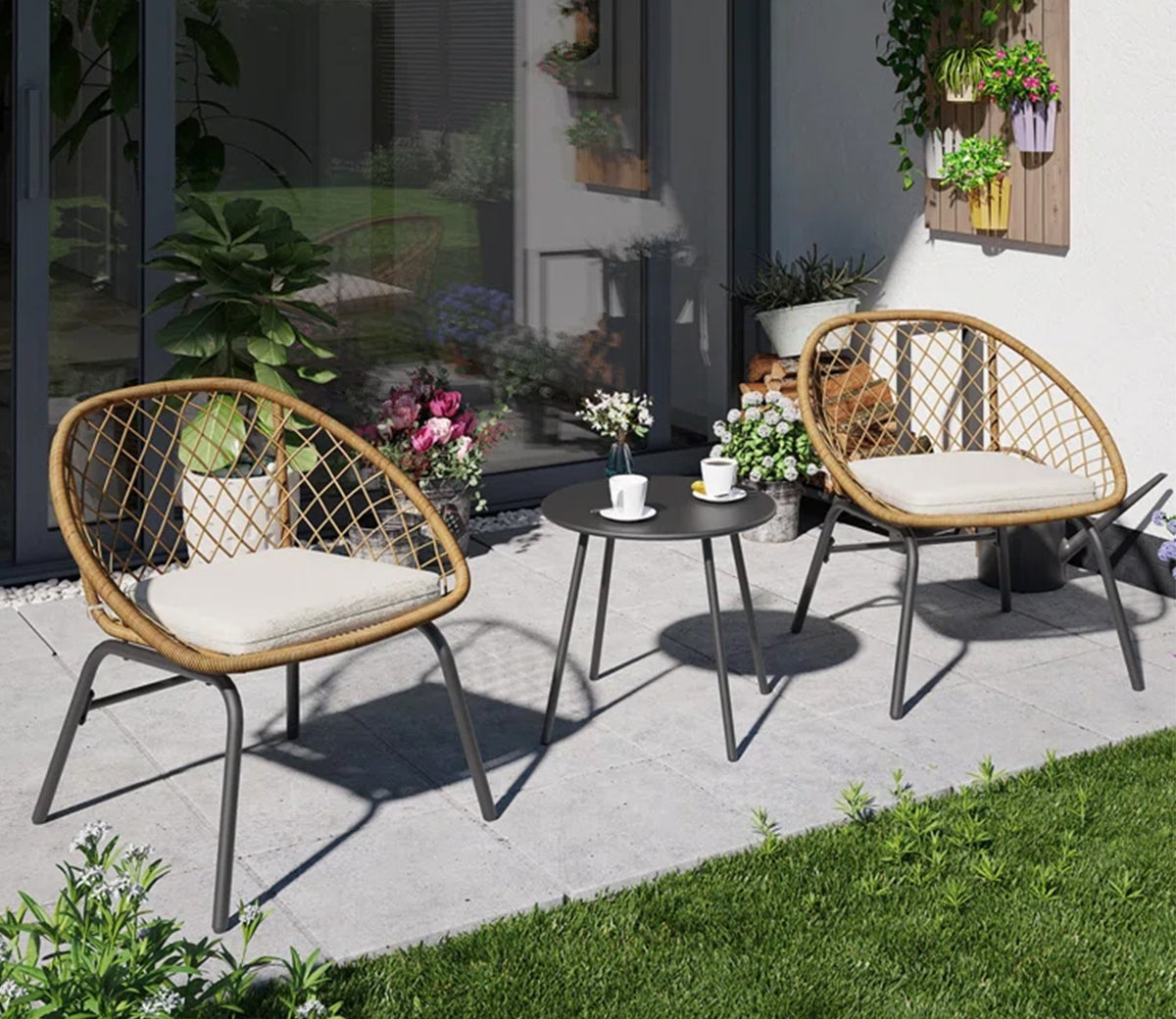 Beige Rope  2 Seater Chair With Table And Off White Cushions Balcony Set