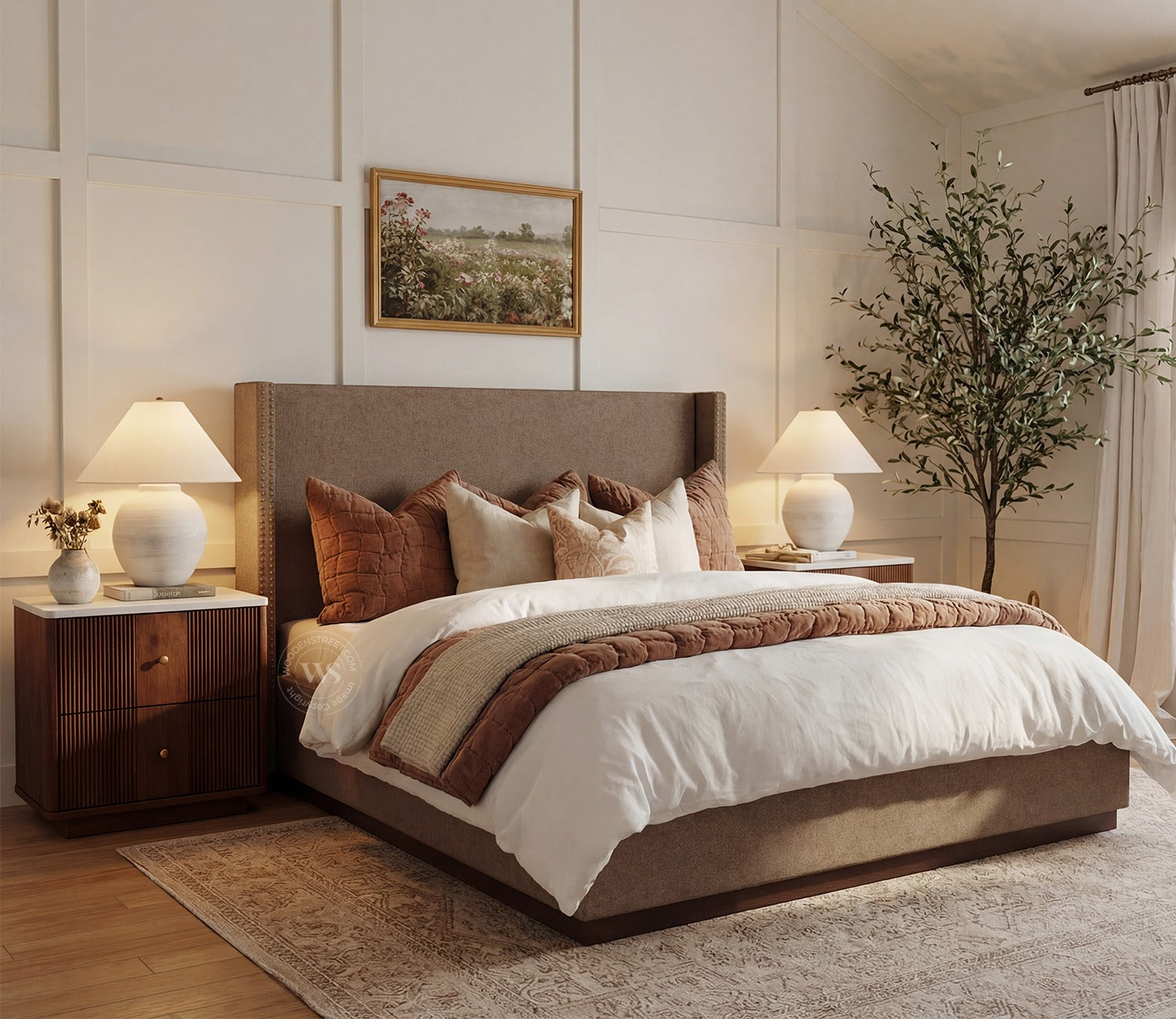 Kesarth Luxe Upholstered Hydraulic Storage Bed with High-Rise Headboard (King Size, Sand Brown)